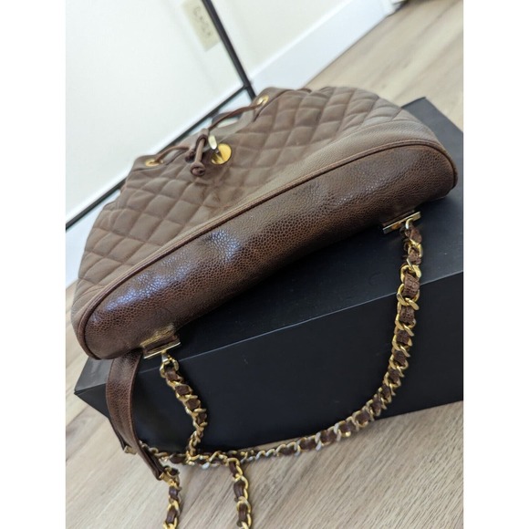 CHANEL Vintage Quilted Brown Caviar Turnlock CC Backpack With Gold Chains